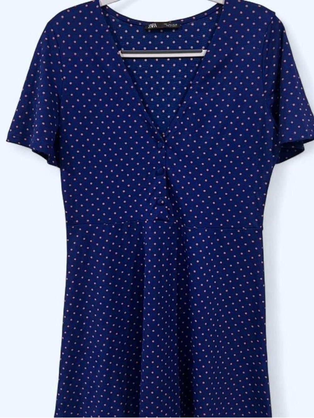 Zara Navy Polka Dot V-Neck Tunic with Pink Dots